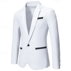 Hot OUKU Men's Blazer Business Cocktail Party Wedding Party Fashion Casual Spring & Fall Cotton Blend Color Block Patchwork Pocket Comfortable Single Breasted Blazer Black White Burgundy Blue