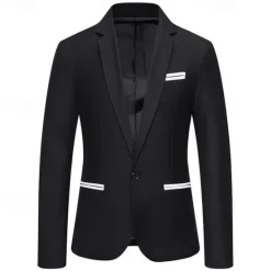 Hot OUKU Men's Blazer Business Cocktail Party Wedding Party Fashion Casual Spring & Fall Cotton Blend Color Block Patchwork Pocket Comfortable Single Breasted Blazer Black White Burgundy Blue