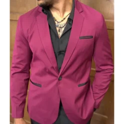 Discount OUKU Men's Blazer Business Cocktail Party Wedding Party Fashion Casual Spring & Fall 65% Cotton Color Block Pocket Buttons Comfortable Single Breasted Blazer Burgundy