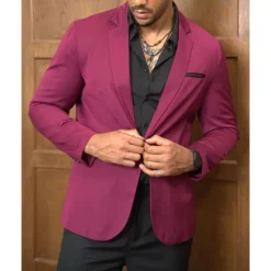 Discount OUKU Men's Blazer Business Cocktail Party Wedding Party Fashion Casual Spring & Fall 65% Cotton Color Block Pocket Buttons Comfortable Single Breasted Blazer Burgundy