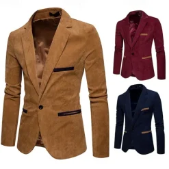 Sale OUKU Men's Blazer Business Cocktail Party Wedding Party Fashion Casual Spring & Fall Corduroy Plain Pocket Buttons Comfortable Single Breasted Blazer Burgundy Navy Blue khaki