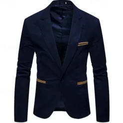 Sale OUKU Men's Blazer Business Cocktail Party Wedding Party Fashion Casual Spring & Fall Corduroy Plain Pocket Buttons Comfortable Single Breasted Blazer Burgundy Navy Blue khaki