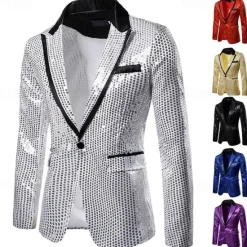 Online OUKU Men's Blazer Business Cocktail Party Wedding Party Fashion Casual Spring & Fall Polyester Color Block Pocket Buttons Comfortable Single Breasted Blazer Silver Black Red Blue