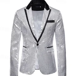 Online OUKU Men's Blazer Business Cocktail Party Wedding Party Fashion Casual Spring & Fall Polyester Color Block Pocket Buttons Comfortable Single Breasted Blazer Silver Black Red Blue