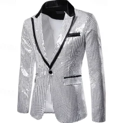 Online OUKU Men's Blazer Business Cocktail Party Wedding Party Fashion Casual Spring & Fall Polyester Color Block Pocket Buttons Comfortable Single Breasted Blazer Silver Black Red Blue