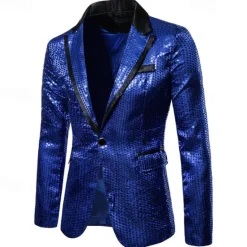 Online OUKU Men's Blazer Business Cocktail Party Wedding Party Fashion Casual Spring & Fall Polyester Color Block Pocket Buttons Comfortable Single Breasted Blazer Silver Black Red Blue