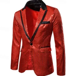 Online OUKU Men's Blazer Business Cocktail Party Wedding Party Fashion Casual Spring & Fall Polyester Color Block Pocket Buttons Comfortable Single Breasted Blazer Silver Black Red Blue