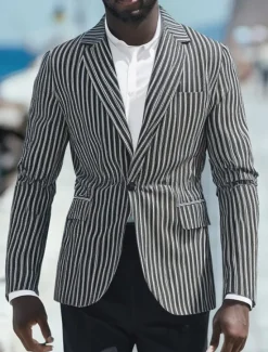Best OUKU Men's Blazer Business Cocktail Party Wedding Party Fashion Casual Spring Autumn / Fall Polyester Stripes Pocket Buttons Comfortable Single Breasted Blazer Dark Gray Light Grey