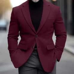 Hot OUKU Men's Blazer Business Wedding Party Fashion Casual Winter Spring & Fall Wool Blend Plain Pocket Casual / Daily Single Breasted Blazer Black Burgundy Navy Blue Gray