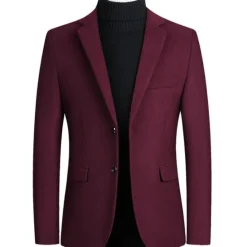 Hot OUKU Men's Blazer Business Wedding Party Fashion Casual Winter Spring & Fall Wool Blend Plain Pocket Casual / Daily Single Breasted Blazer Black Burgundy Navy Blue Gray