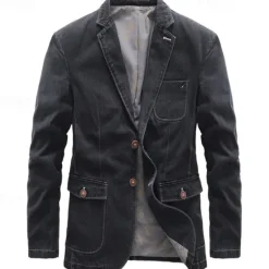 New OUKU Men's Blazer Denim Jacket Vacation Casual Daily Wear Fashion Casual Spring & Fall Polyester Denim Pocket Buttons Comfortable Single Breasted Blazer Black Grey