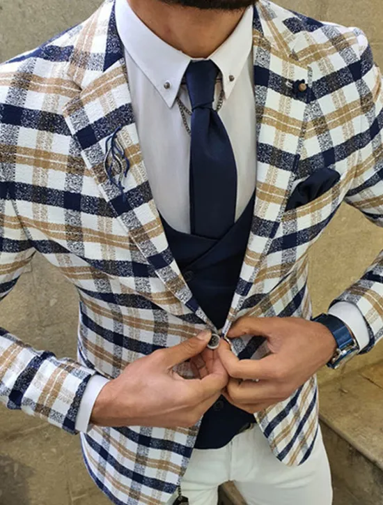 Clearance OUKU Men's Blazer Formal Evening Wedding Party Birthday Party Fashion Casual Spring & Fall Polyester Plaid / Check Geometry Pocket Casual / Daily Single Breasted Blazer White