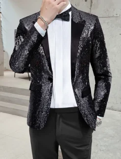 OUKU Men's Blazer Jacket Blazer Peaked Lapel Streetwear Party Sparkle Sequin Black Silver Blue Regular Fit
