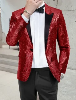 OUKU Men's Blazer Jacket Blazer Peaked Lapel Streetwear Party Sparkle Sequin Black Silver Blue Regular Fit