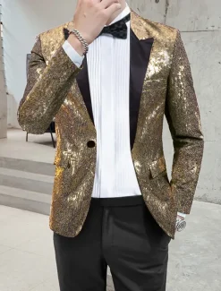 OUKU Men's Blazer Jacket Blazer Peaked Lapel Streetwear Party Sparkle Sequin Black Silver Blue Regular Fit