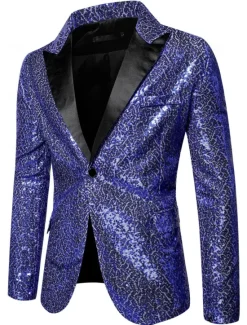 OUKU Men's Blazer Jacket Blazer Peaked Lapel Streetwear Party Sparkle Sequin Black Silver Blue Regular Fit