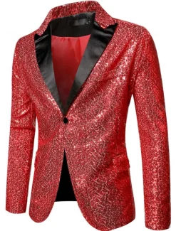 OUKU Men's Blazer Jacket Blazer Peaked Lapel Streetwear Party Sparkle Sequin Black Silver Blue Regular Fit