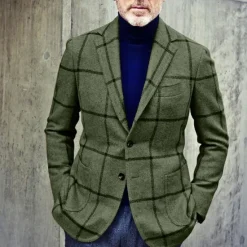 Clearance OUKU Men's Blazer Jacket Business Evening Party Daily Wear Pocket Fall Winter Polyester Plaid Check Artistic Style Warm Single Breasted Two-button Blazer Black Brown Green