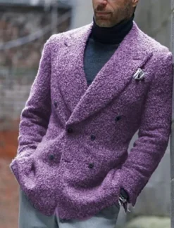 Discount OUKU Men's Blazer Jacket Closure collar Fashion Casual Solid Colored ArmyGreen Purple Brown Tailored Fit Double Breasted Six-buttons