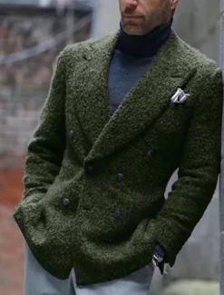 Discount OUKU Men's Blazer Jacket Closure collar Fashion Casual Solid Colored ArmyGreen Purple Brown Tailored Fit Double Breasted Six-buttons