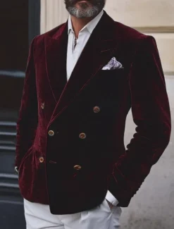 Hot OUKU Men's Blazer Jacket Closure collar Vintage Party Velvet Solid Colored Blazer Burgundy Green Standard Fit Double Breasted Four-buttons