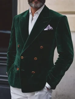 Hot OUKU Men's Blazer Jacket Closure collar Vintage Party Velvet Solid Colored Blazer Burgundy Green Standard Fit Double Breasted Four-buttons
