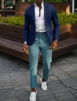 New OUKU Men's Blazer Jacket Linen Blazer Notch Collar Fashion Casual Solid Colored Dark Khaki Black Yellow Tailored Fit Single Breasted Two-buttons