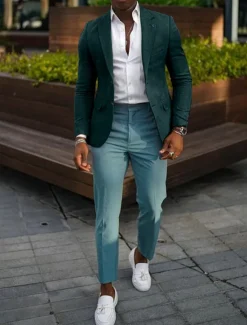 New OUKU Men's Blazer Jacket Linen Blazer Notch Collar Fashion Casual Solid Colored Dark Khaki Black Yellow Tailored Fit Single Breasted Two-buttons