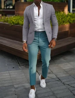 New OUKU Men's Blazer Jacket Linen Blazer Notch Collar Fashion Casual Solid Colored Dark Khaki Black Yellow Tailored Fit Single Breasted Two-buttons