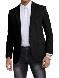 Best OUKU Men's Blazer Jacket Linen Blazer Notch Collar Fashion Casual Solid Colored Blazer Black Sky Blue Dark Blue Standard Fit Single Breasted One-button