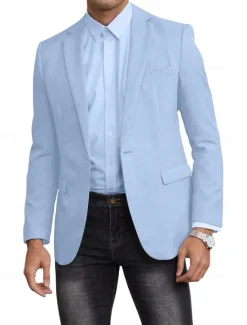 Best OUKU Men's Blazer Jacket Linen Blazer Notch Collar Fashion Casual Solid Colored Blazer Black Sky Blue Dark Blue Standard Fit Single Breasted One-button