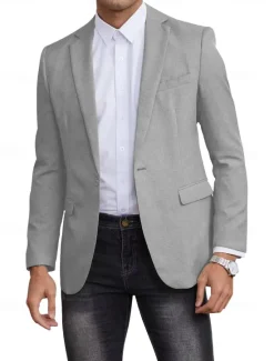 Best OUKU Men's Blazer Jacket Linen Blazer Notch Collar Fashion Casual Solid Colored Blazer Black Sky Blue Dark Blue Standard Fit Single Breasted One-button