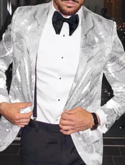 Sale OUKU Men's Blazer Jacket Notch Collar Fashion Disco Sequin Pattern Blazer Black Silver Fuchsia Tailored Fit Single Breasted One-button