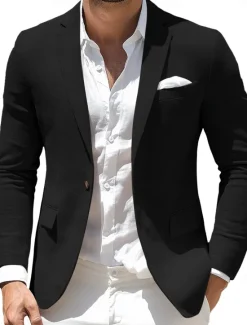 Discount OUKU Men's Blazer Jacket Office Casual Daily Fashion Daily All Seasons Polyester Solid Colored Basic Single Breasted One-button Blazer Black Navy Blue Sky Blue khaki