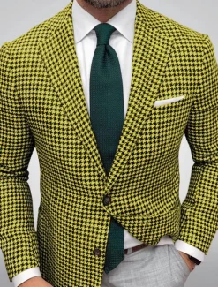 Best OUKU Men's Blazer Jacket Sport Coat Closure collar Outdoor Casual Houndstooth Checkered Black Yellow Light Green Tailored Fit Single Breasted Two-buttons