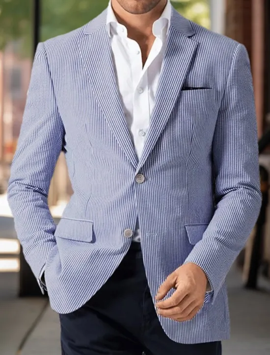 Best OUKU Men's Blazer Jacket Sport Coat Notch Collar Fashion Lightweight Striped Blazer Standard Fit Navy Blue