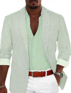 Hot OUKU Men's Blazer Jacket Sport Coat Notch Collar Fashion Lightweight Striped Blazer Sky Blue Sage Standard Fit Single Breasted One-button