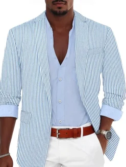 Hot OUKU Men's Blazer Jacket Sport Coat Notch Collar Fashion Lightweight Striped Blazer Sky Blue Sage Standard Fit Single Breasted One-button