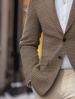 Online OUKU Men's Blazer Jacket Sport Coat Notch Collar Fashion Casual Houndstooth Blazer Tailored Fit Single Breasted Two-buttons Brown