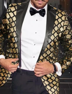 Online OUKU Men's Blazer Jacket Tuxedo Closure collar Fashion Disco Sequin Geometric Blazer Black Gold Silver Plus Size Single Breasted One-button