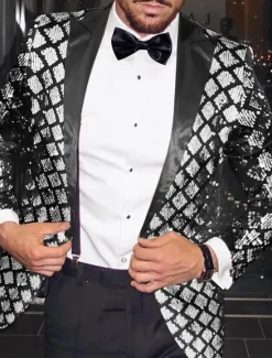 Online OUKU Men's Blazer Jacket Tuxedo Closure collar Fashion Disco Sequin Geometric Blazer Black Gold Silver Plus Size Single Breasted One-button