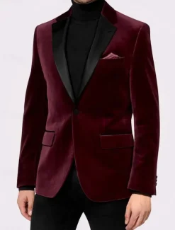 Best OUKU Men's Blazer Jacket Tuxedo Notch Collar Vintage Party Velvet Patchwork Solid Colored Blazer Burgundy Green Standard Fit