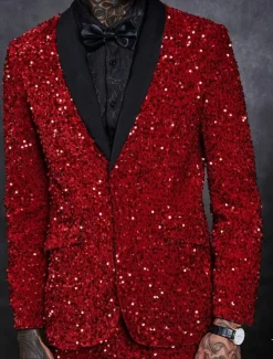 Hot OUKU Men's Blazer Jacket Tuxedo Notch Collar Fashion Disco Sequin Pattern Plus Size Single Breasted One-button Red