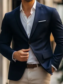 OUKU Men's Blazer Jacket Wedding Guest Casual Casual Daily Fashion Casual All Seasons Polyester Solid Colored Basic Single Breasted Blazer Navy Blue