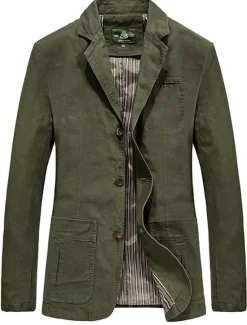 Clearance OUKU Men's Blazer Jacket Work Business Classic & Timeless Spring Fall Polyester / Cotton Solid Color Formal Style Windproof Buttoned Front Blazer Black Green Khaki