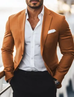 Online OUKU Men's Blazer Jacket Work Casual Daily Fashion Casual All Seasons Polyester Solid Colored Basic Single Breasted One-button Blazer Brown khaki