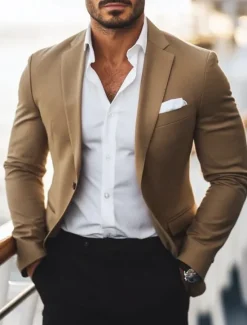 Online OUKU Men's Blazer Jacket Work Casual Daily Fashion Casual All Seasons Polyester Solid Colored Basic Single Breasted One-button Blazer Brown khaki