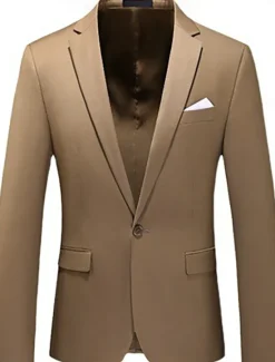 Online OUKU Men's Blazer Jacket Work Casual Daily Fashion Casual All Seasons Polyester Solid Colored Basic Single Breasted One-button Blazer Brown khaki