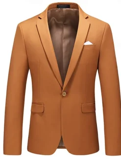 Online OUKU Men's Blazer Jacket Work Casual Daily Fashion Casual All Seasons Polyester Solid Colored Basic Single Breasted One-button Blazer Brown khaki
