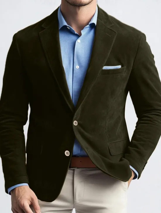 Online OUKU Men's Blazer Jacket Work Street Fashion Casual Fall / Winter Faux Suede Plain Pocket Buttons Comfortable Single Breasted Blazer Navy Blue Brown Green khaki